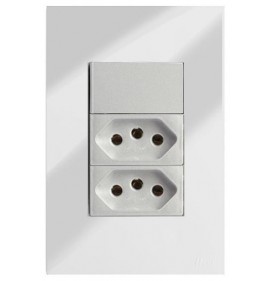 Conjunto Interruptor Simples + 2 Tomada 10a 4x2 - RECTA Espelhada Gloss (Módulo Prata)